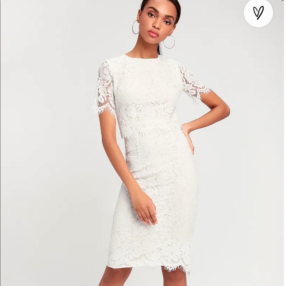 Lulu’s Devotion White Lace Short Sleeve Midi Dress